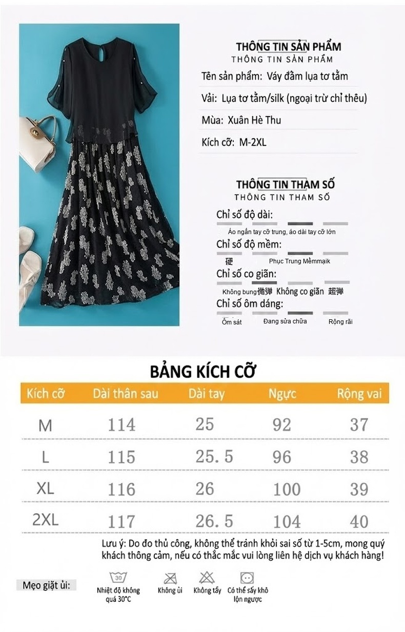 Váy Lụa Tằm Thượng Hạng Thêu Tay Ngắn Tay Dáng Dài Màu Đen chi tiết 5