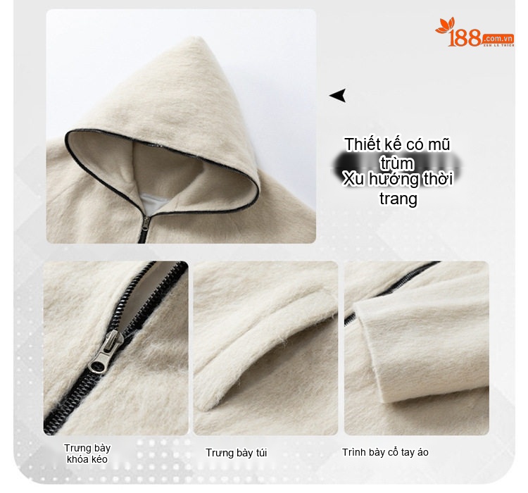 Áo Khoác Lông Cừu Non Có Mũ Trùm Đầu Dáng Rộng Unisex Màu Kem, Xám, Đen chi tiết 3