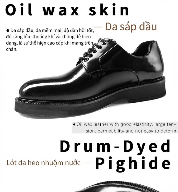 Giày Tây Buộc Dây Nam Da Bóng Chiều Cao Đế Khoảng 4cm Màu Đen chi tiết 4