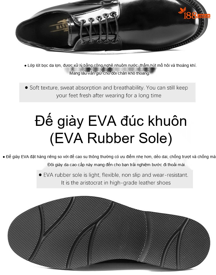Giày Tây Buộc Dây Nam Da Bóng Chiều Cao Đế Khoảng 4cm Màu Đen chi tiết 5