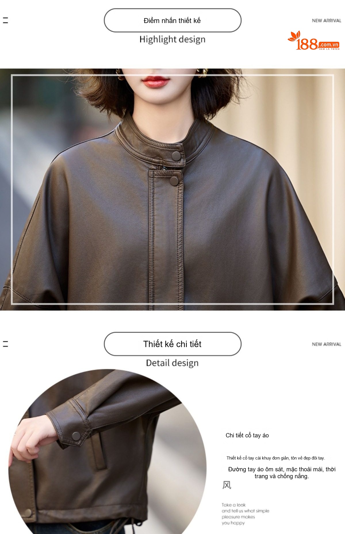 Áo Khoác Bomber Nữ Da PU Dáng Ngắn Rộng Kiểu Retro Màu Nâu, Đen chi tiết 5