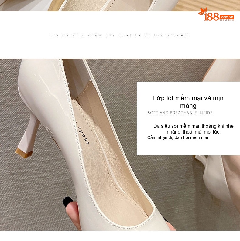 Giày Cao Gót Nữ Mũi Nhọn Da Bóng Chiều Cao Đế Khoảng 5cm Màu Đen, Kem chi tiết 4