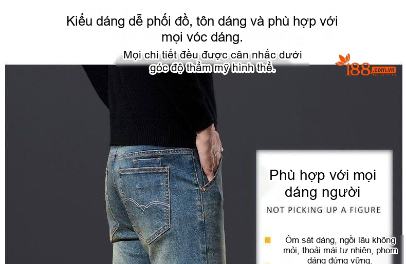 Quần Jean Dài Nam Màu Xanh Dương Rửa Bụi, Dáng Ôm Vừa, Ống Đứng, Phong Cách Retro chi tiết 3