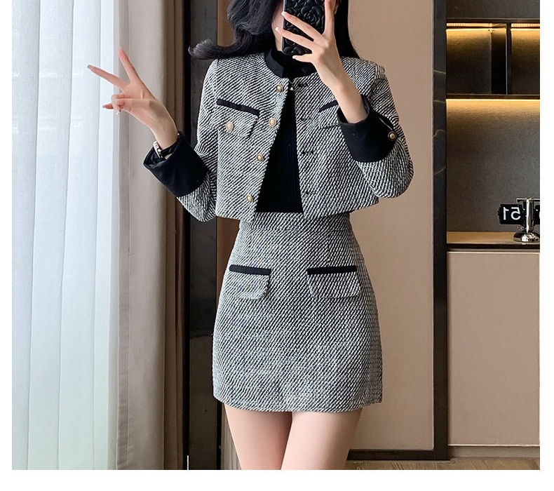 Set Áo Khoác Lửng và Chân Váy Ngắn Vải Tweed Phong Cách Tiểu Thư Màu Xám chi tiết 3