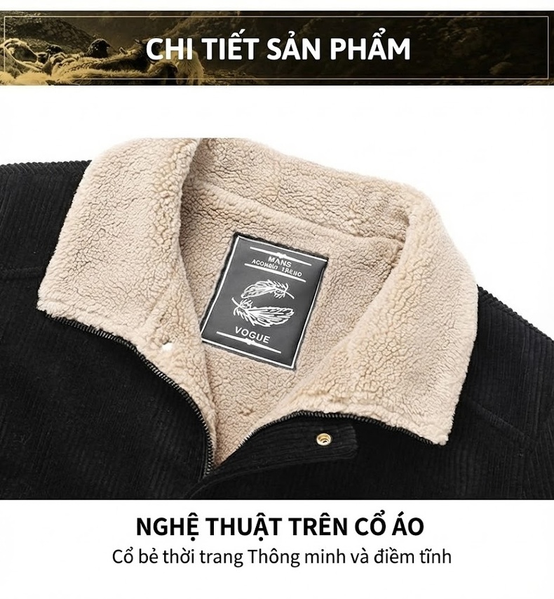 Áo Khoác Nam Lót Lông Cừu Non Cotton Gân Dày Dặn Dáng Dài Màu Nâu, Đen, Xanh Rêu chi tiết 15