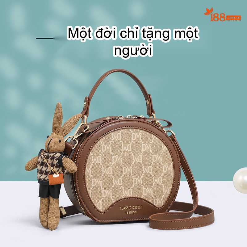 Túi Xách Nữ Mini Dáng Tròn Da Bóng Đeo Chéo Xách Tay Màu Nâu, Be