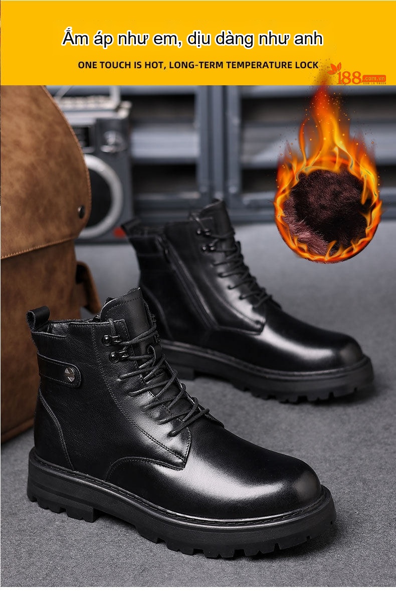 Boot Martin Nam Da Bò Lót Lông Cừu Chiều Cao Đế Khoảng 4cm Màu Đen chi tiết 6