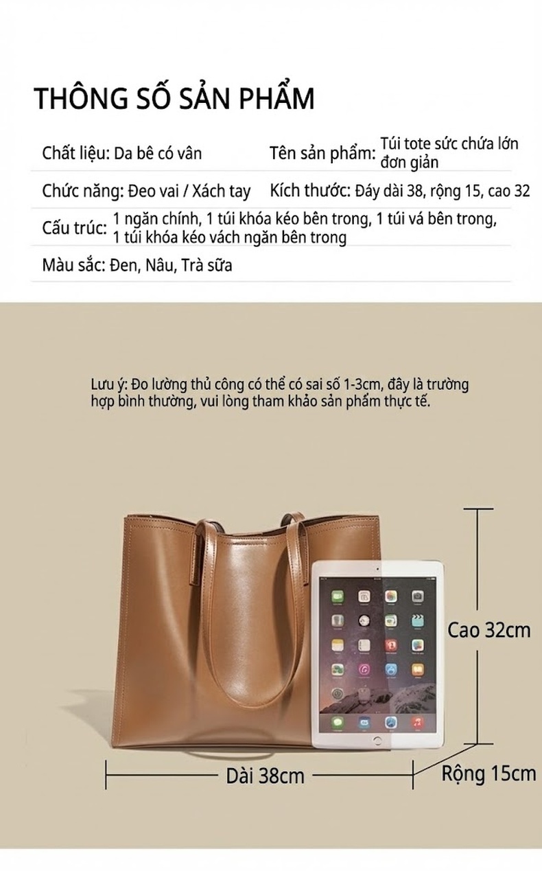 Túi Tote Nữ Da Bò Thiết Kế Nhỏ Gọn, Đựng Vừa A4, Đeo Vai Công Sở Màu Nâu, Be, Đen chi tiết 19