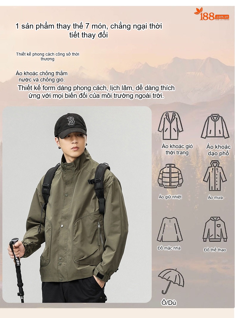 Áo Khoác Gió Nam Dáng Rộng Phong Cách Thể Thao Màu Xanh Olive, Tím, Xám, Đen chi tiết 5