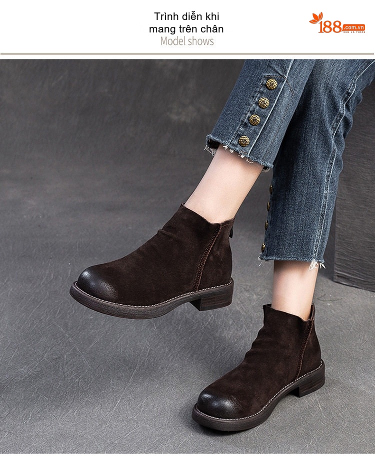Boot Chelsea Nữ Da Mờ Đế Bằng Chiều Cao Đế Khoảng 3cm Màu Đen, Nâu chi tiết 8