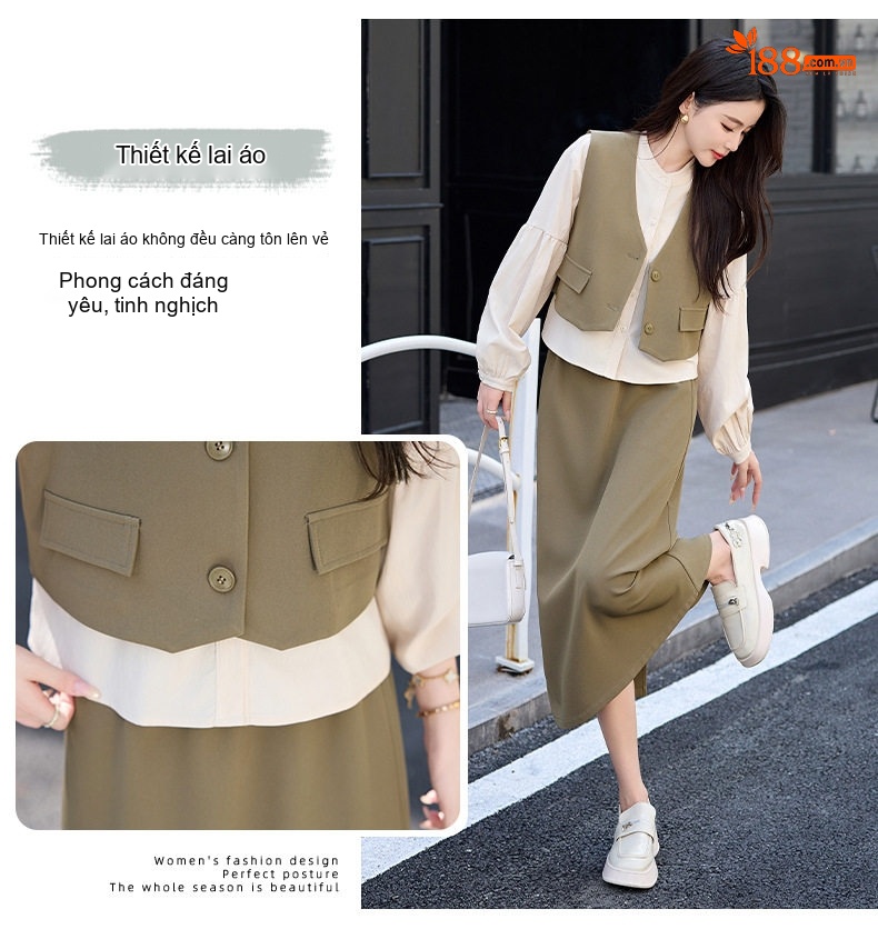 Set Bộ Vest Gile Nữ Áo Dài Tay Chân Váy Midi Thanh Lịch Màu Đen, Be, Xanh Olive chi tiết 5