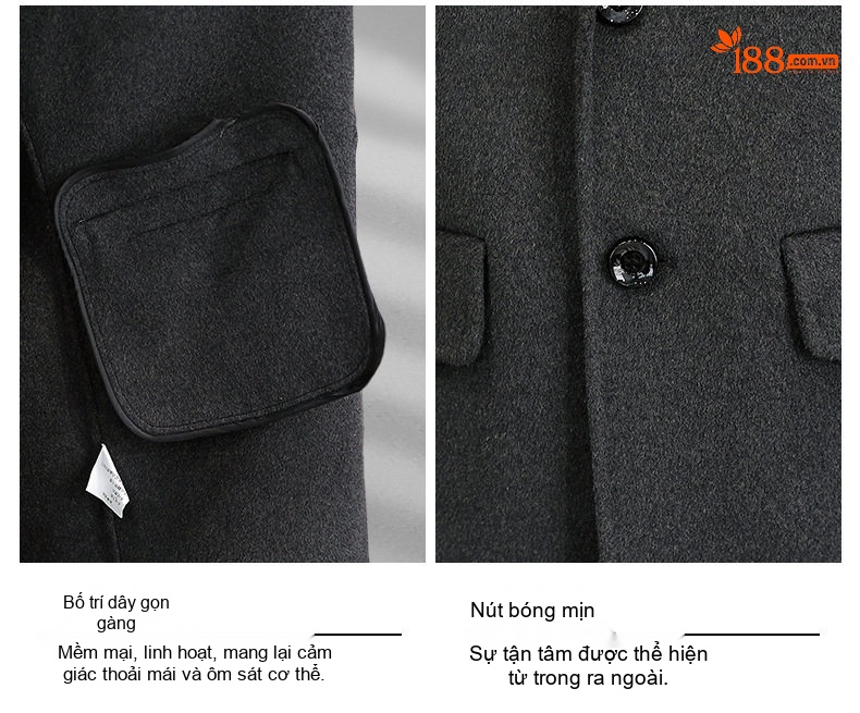 Áo Khoác Dạ Nam Dáng Dài Vừa Cổ chữ Vest Thủ Công Màu Đen, Xám chi tiết 10