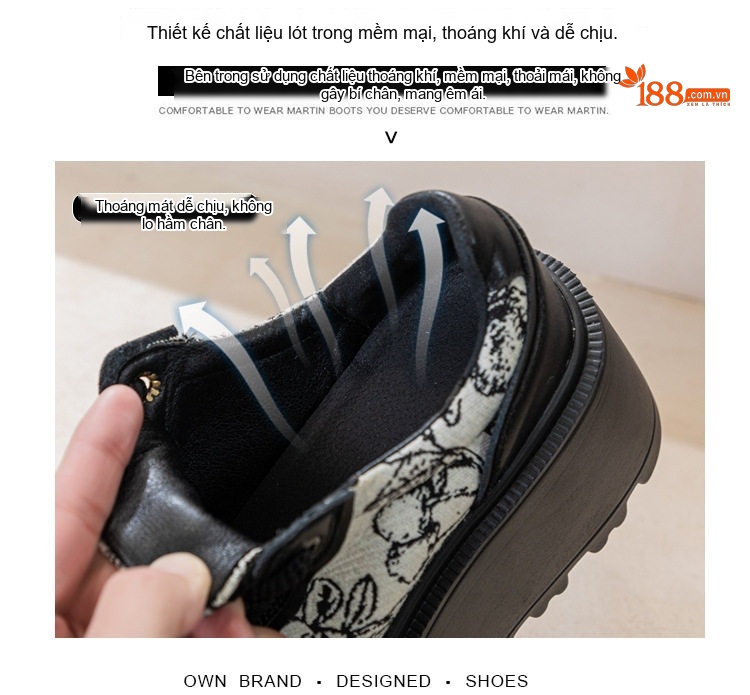 Giày Sneaker Nữ Đế Dày Thêu Họa Tiết Chiều Cao Đế Khoảng 5cm Màu Đen, Trắng chi tiết 7