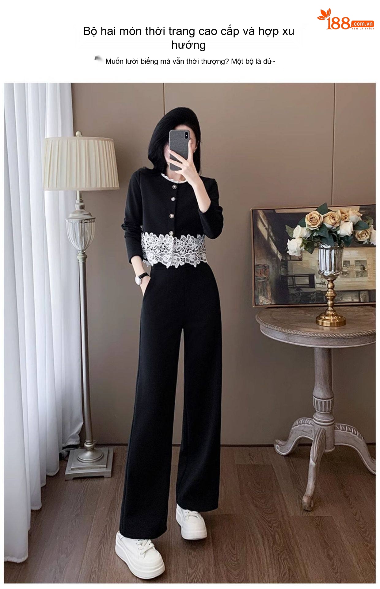 Set Bộ Quần Áo Dài Tay Thu Đông Phong Cách Tiểu Thư Thanh Lịch Màu Đen chi tiết 1