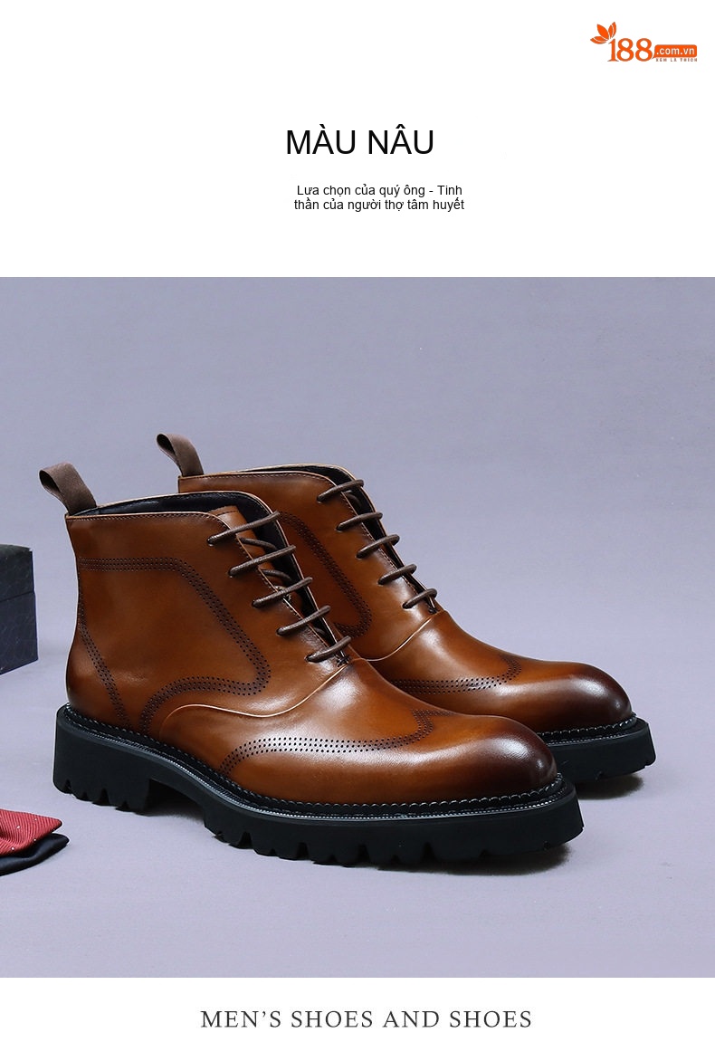 Giày Boot Martin Nam Da Bò Cao Cổ Phong Cách Anh Quốc Chiều Cao Đế Khoảng 3.5cm Màu Đen, Nâu chi tiết 11