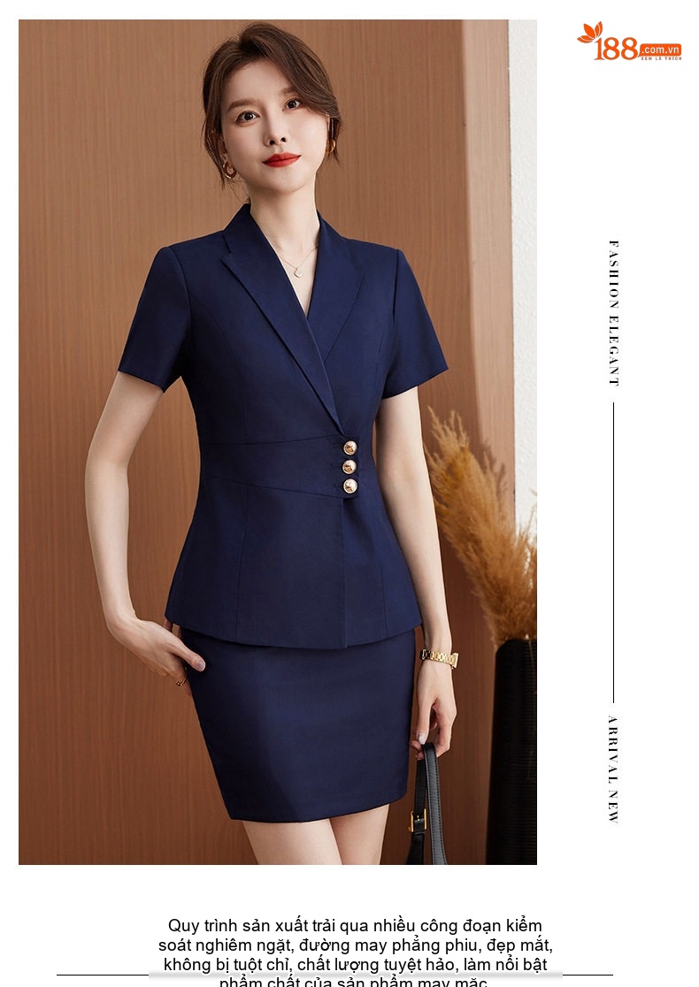 Bộ Vest Công Sở Nữ Tay Ngắn Áo Khoác Chân Váy Màu Đen, Xám, Xanh Navy chi tiết 11