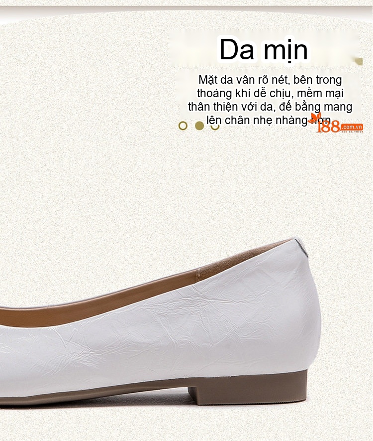 Giày Búp Bê Nữ Da Bò Mũi Nhọn Chiều Cao Đế Khoảng 1cm Phong Cách Hàn Quốc Màu Trắng, Bạc chi tiết 4
