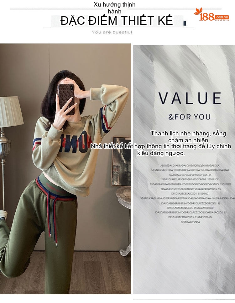 Bộ Đồ Nữ Thu Đông Áo Hoodie Quần Dài Ống Rộng Phong Cách Thời Trang Màu Be, Xanh Olive chi tiết 6