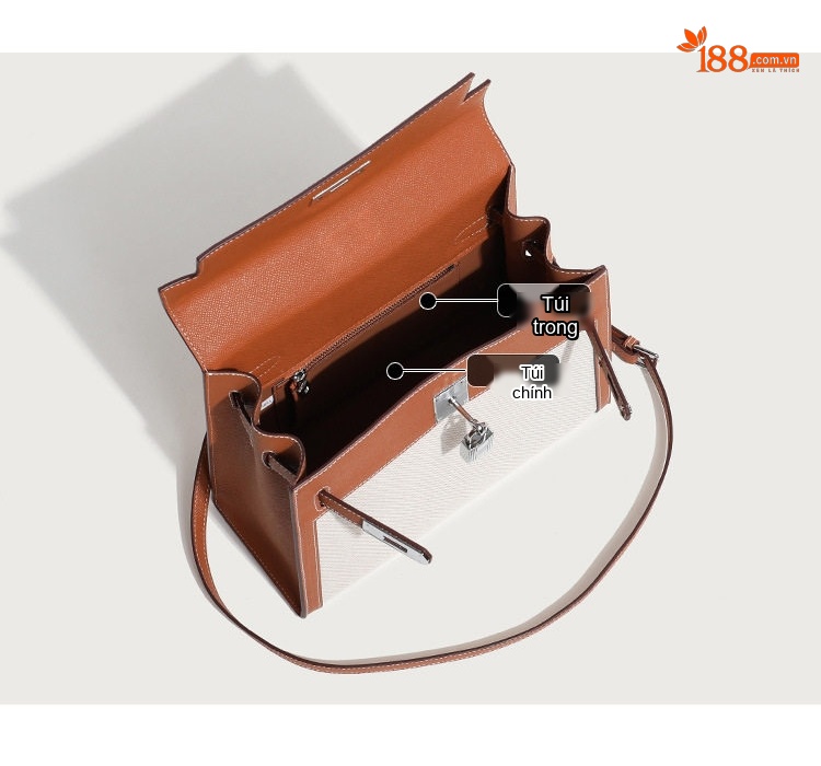 Túi Kelly Nữ Vải Canvas Mềm Mại Lớn Đeo Vai, Xách Tay, Đeo Chéo Màu Trắng, Nâu chi tiết 5