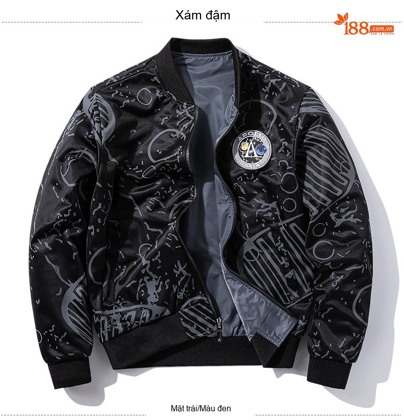 Áo Khoác Bomber Nam Nữ Dáng Rộng Hai Mặt Mặc Thu Đông Phong Cách Phi Công NASA Màu Xám, Xanh Navy, Xanh Lá, Đen... chi tiết 17