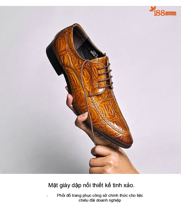 Giày Tây Buộc Dây Nam Da Bóng Chiều Cao Đế Khoảng 3cm Màu Nâu, Đen chi tiết 4