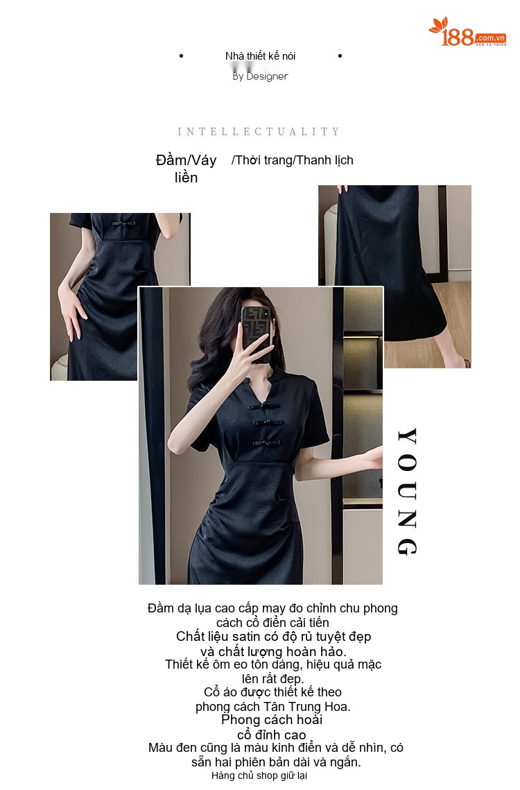 Váy Đầm Nữ Dáng Ôm Chiết Eo Phong Cách Trung Hoa Cổ Điển Màu Đen chi tiết 1