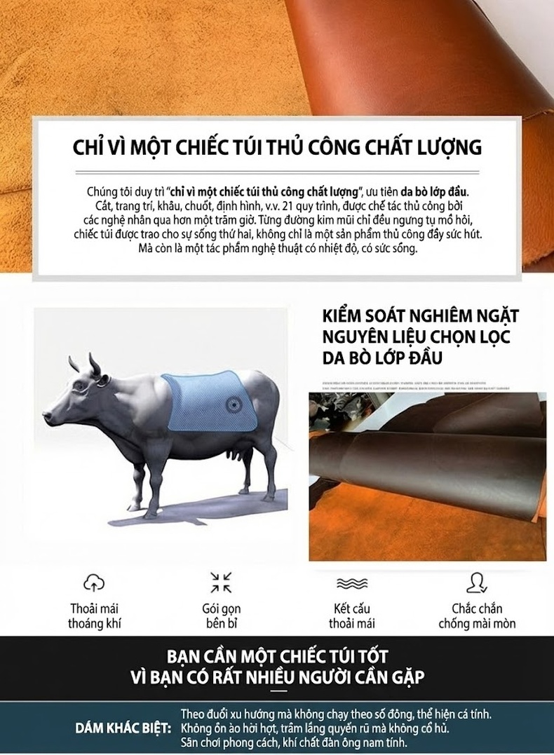Túi Đeo Chéo Nam Da Bò Dáng Đứng Nhỏ Gọn Màu Nâu Đậm, Nâu Vàng chi tiết 2