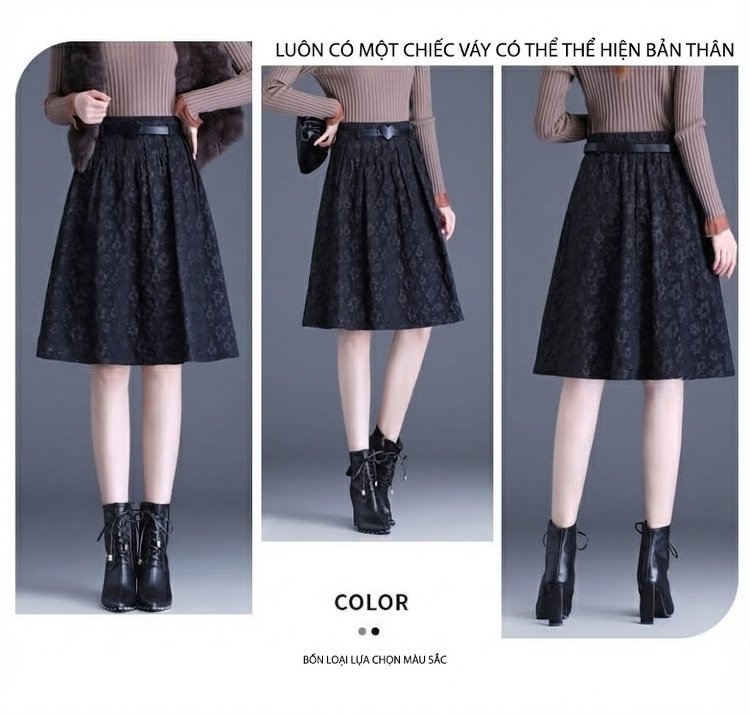 Chân Váy Chữ A Nữ Dáng Dài Họa Tiết Jacquard Che Hông Phong Cách Hàn Quốc Màu Đen chi tiết 5