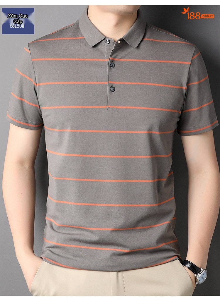 Áo Thun Polo Nam Cotton Kẻ Sọc Cổ Bẻ Chống Nhăn Màu Xám, Xanh, Navy chi tiết 10