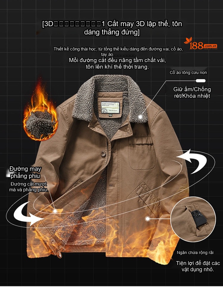 Áo Khoác Nam Cotton Lót Lông Cừu Dày Dặn Cổ Bẻ Giữ Ấm Form Rộng Màu Nâu, Đen chi tiết 4