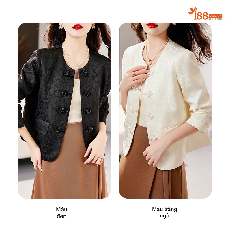Áo Khoác Lửng Trung Hoa Cổ Điển Tay Dài Khuy Nút Thắt Jacquard Màu Trắng, Đen chi tiết 13