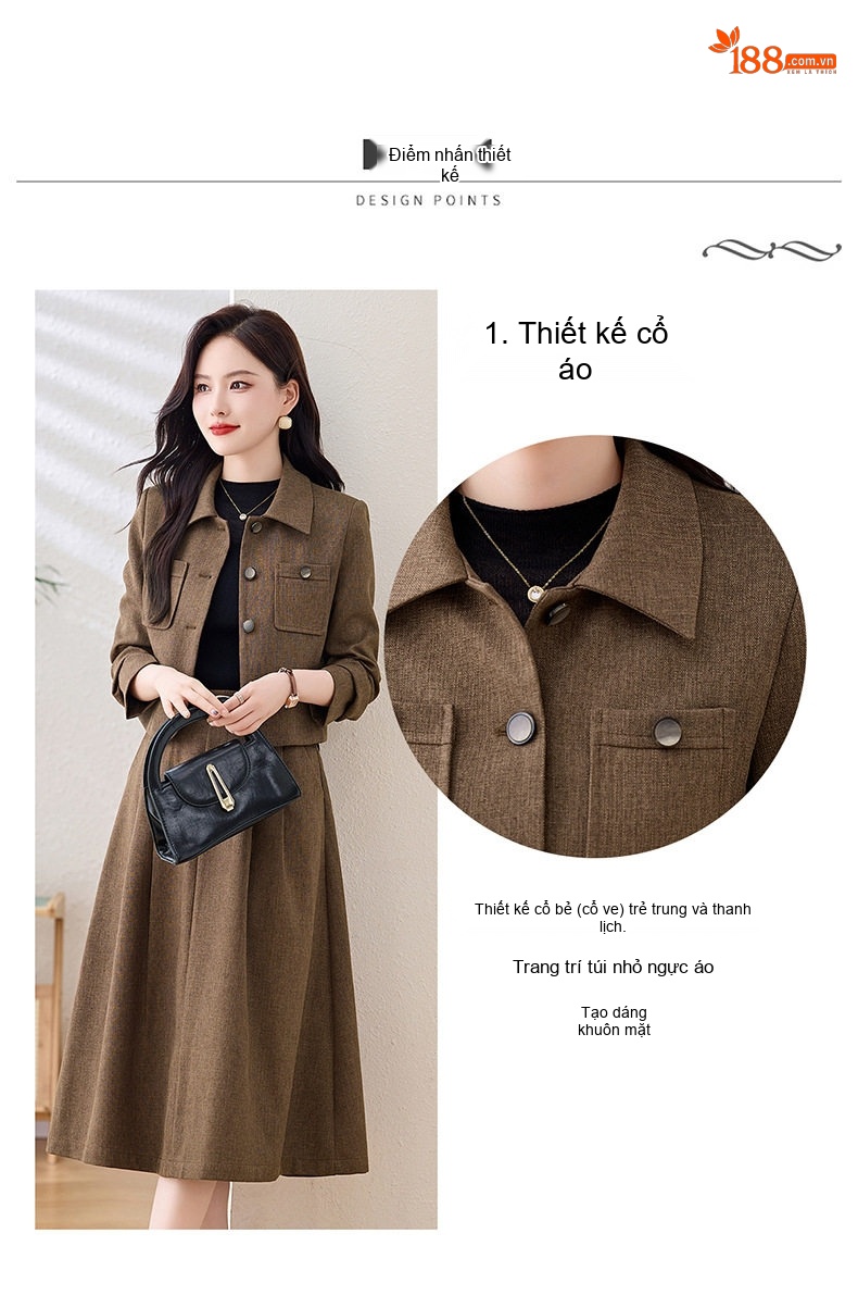 Set Áo Khoác Lửng và Chân Váy Midi Nữ Tính Thu Đông Kèm Thắt Lưng Màu Nâu chi tiết 6