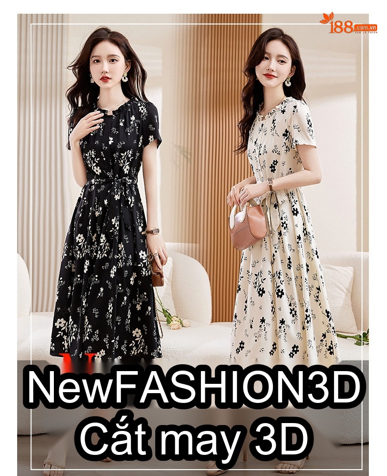 Váy Xòe Nữ Cổ Tròn Tay Ngắn Họa Tiết Hoa Nhí Thắt Eo Thanh Lịch Màu Trắng Kem, Đen chi tiết 6