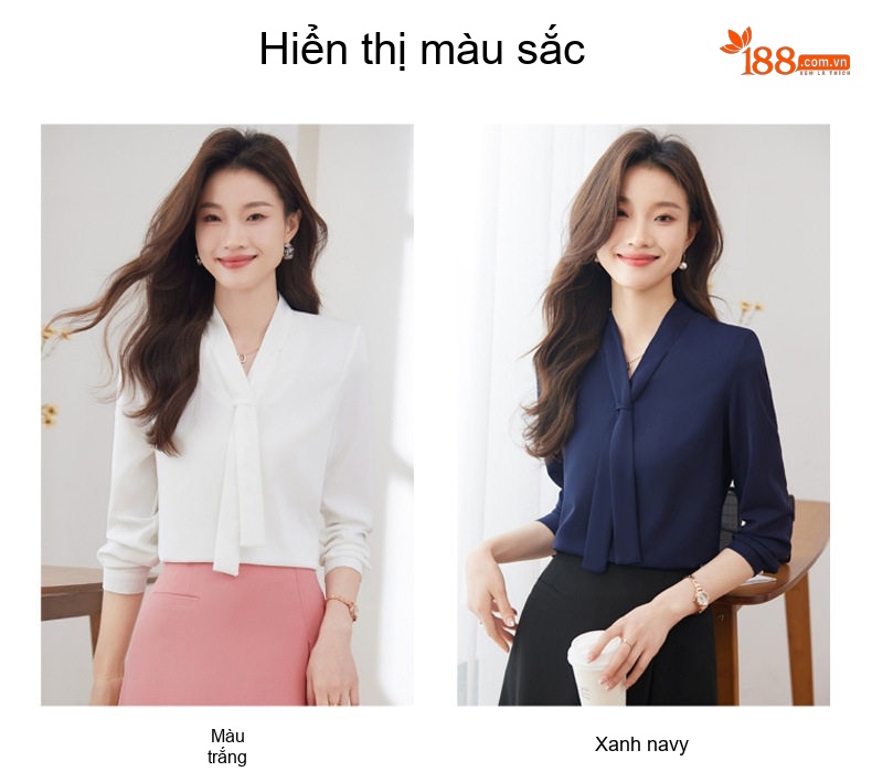 Áo Sơ Mi Nữ Cổ chữ V Chữ V Thắt Nơ Tay Dài Phong Cách Công Sở Màu Trắng, Xanh Navy chi tiết 5