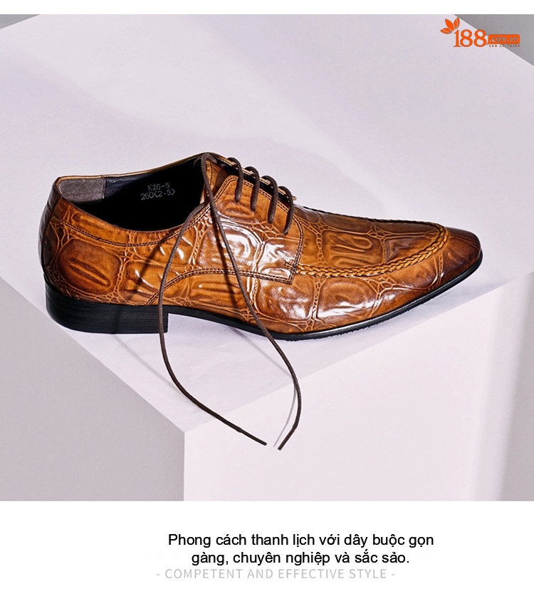 Giày Tây Buộc Dây Nam Da Bóng Chiều Cao Đế Khoảng 3cm Màu Nâu, Đen chi tiết 3