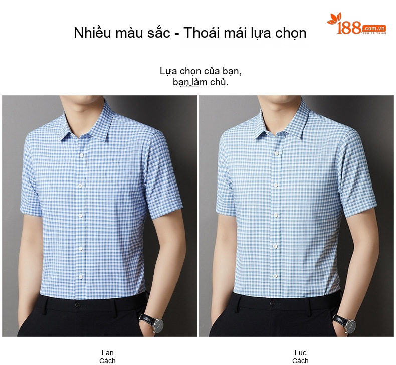 Áo Sơ Mi Nam Ngắn Tay Cotton Lụa Băng Chống Nhăn Kẻ Caro Màu Xanh Dương, Trắng chi tiết 5