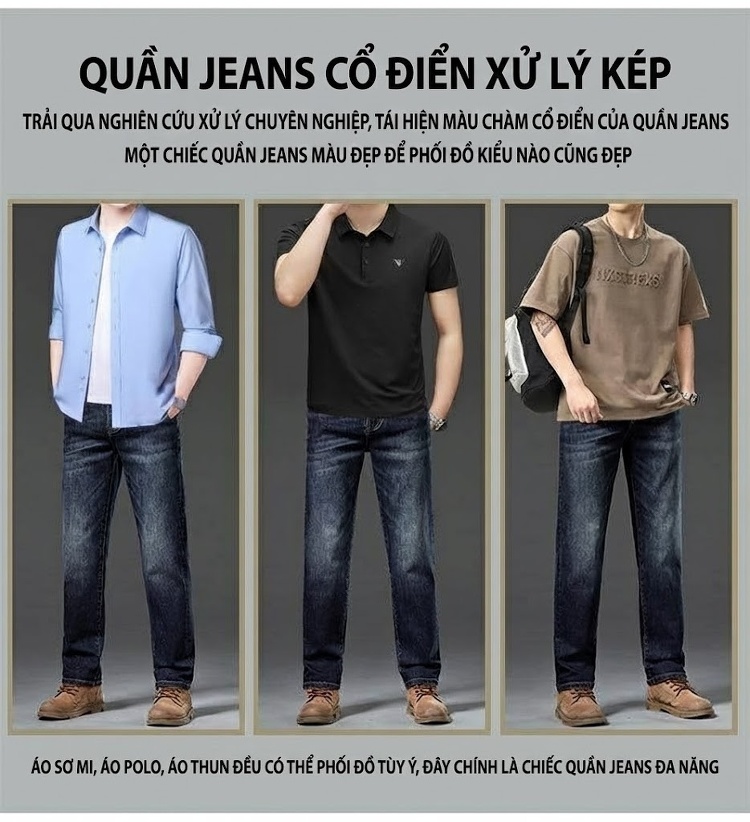 Quần Jean Nam Ống Đứng Co Giãn Vừa Vặn Phong Cách Retro Màu Xanh Denim chi tiết 28