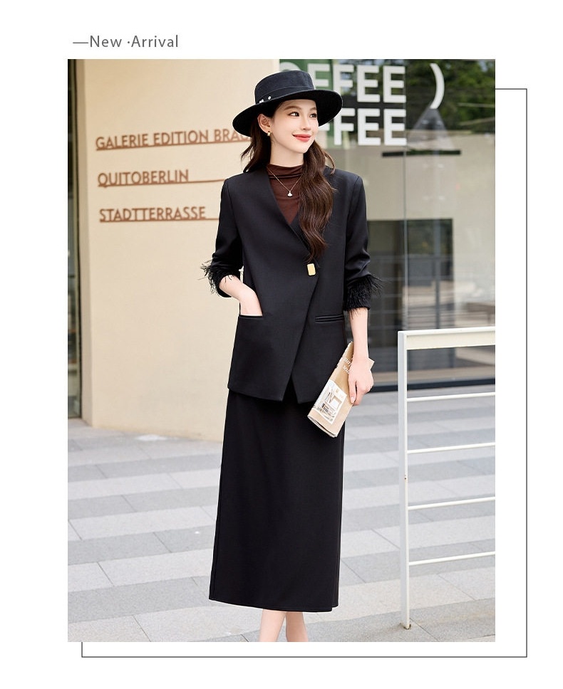 Set Áo Blazer Tay Lông và Chân Váy Nữ Phong Cách Hàn Quốc Màu Đỏ Rượu Vang, Đen chi tiết 4