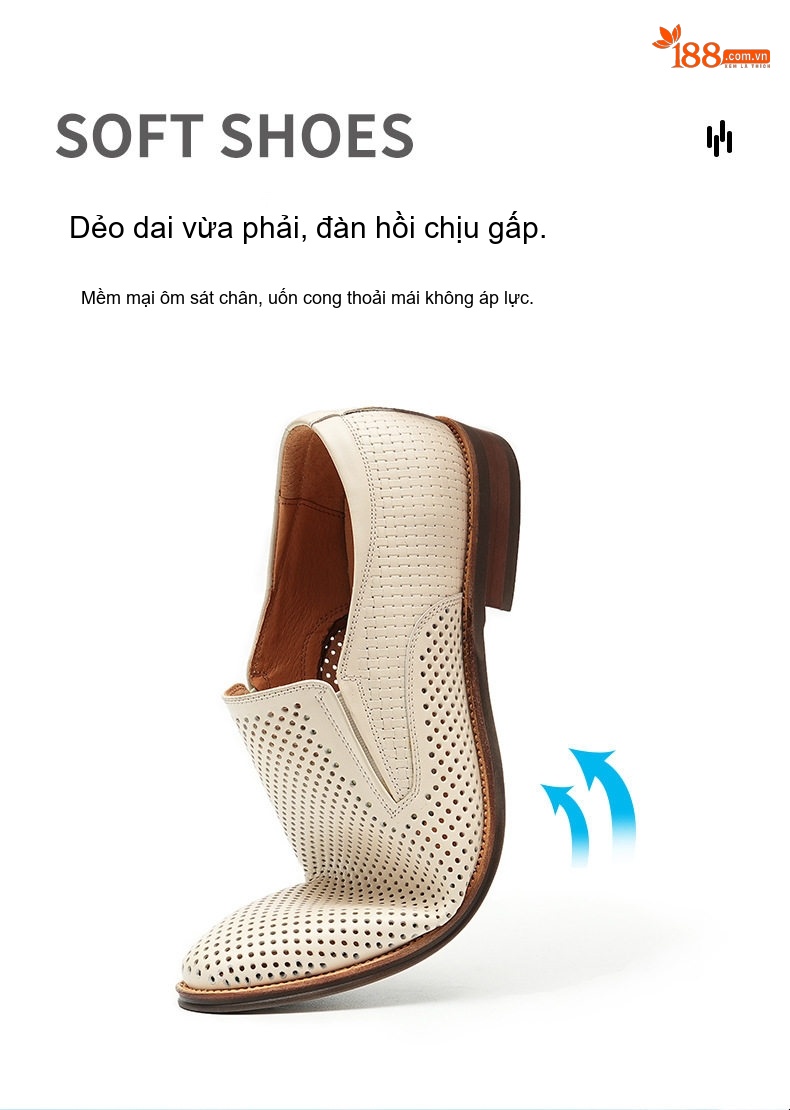 Giày Lười Nam Da Thật Lỗ Thoáng Khí Chiều Cao Đế Khoảng 2cm Màu Đen, Nâu, Kem chi tiết 2