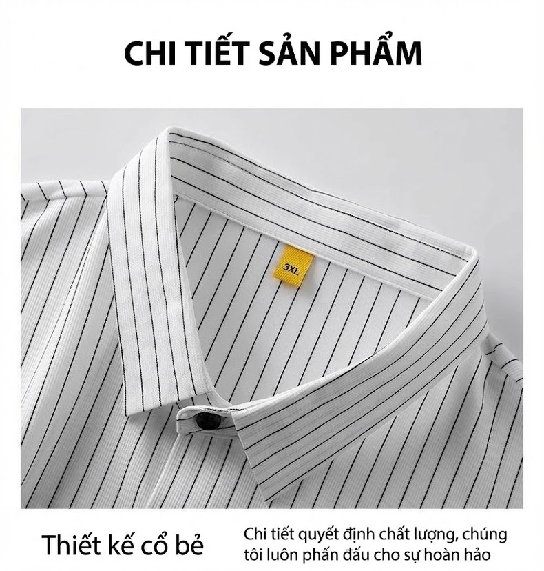 Áo Sơ Mi Tay Ngắn Nam Kẻ Sọc Cổ Trụ Form Rộng Chống Nhăn Màu Trắng, Đen chi tiết 17