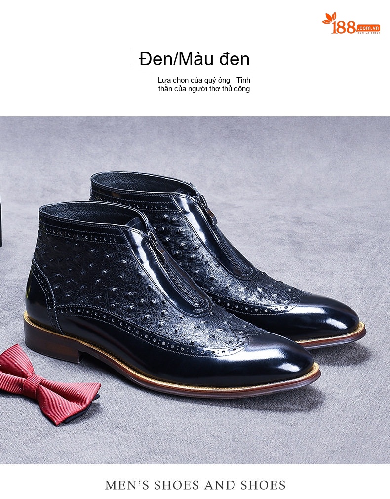 Boot Nam Da Bóng Khóa Kéo Trước Vân Đà Điểu Chiều Cao Đế Khoảng 3cm Màu Đen, Nâu chi tiết 5