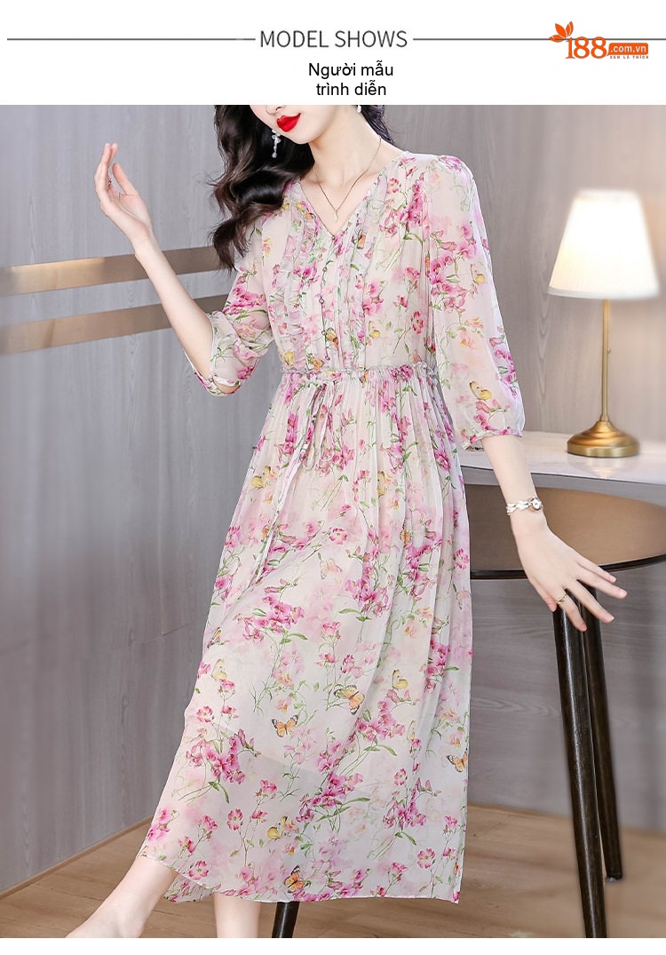 Váy Chữ A Lụa Thật Cổ chữ V Trẻ Trung Phong Cách Thời Trang Màu Trắng, Hồng chi tiết 8