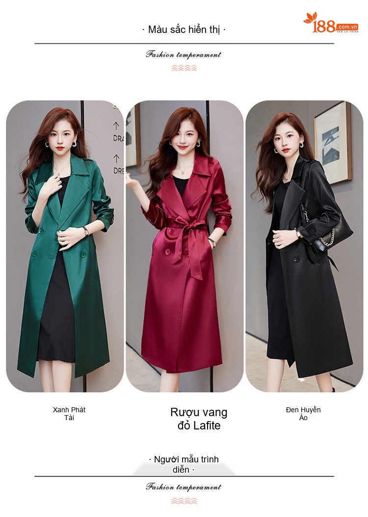 Áo Khoác Gió Nữ Dáng Dài Vừa Phong Cách Thanh Lịch Màu Đỏ, Đen, Xanh Lá chi tiết 10