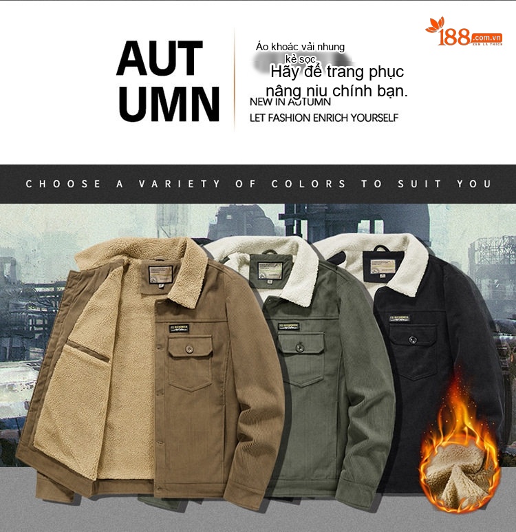 Áo Khoác Nam Cotton Lót Lông Cừu Non Cổ Lông Rộng Dáng Rộng Màu Đen, Nâu, Xanh... chi tiết 2