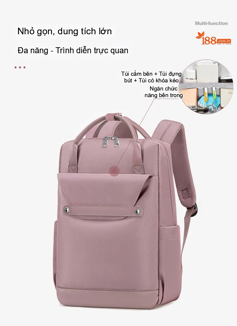 Balo Laptop Nữ Sinh Viên, Học Sinh Cấp 3 Vải Dệt Phong Cách Hàn Quốc Đựng Vừa A4 Màu Be, Hồng chi tiết 8