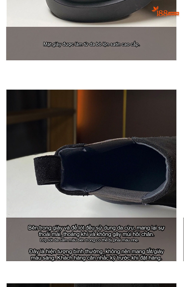 Boot Chelsea Nữ Da Bò Satin Đế Cao 5cm Màu Đen, Nâu chi tiết 7