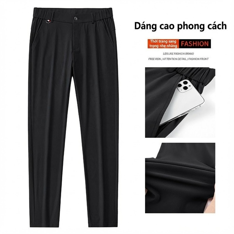 Quần Dài Nam Ống Đứng Lưng Thun Co Giãn Mùa Hè Thoáng Mát Màu Đen, Xám