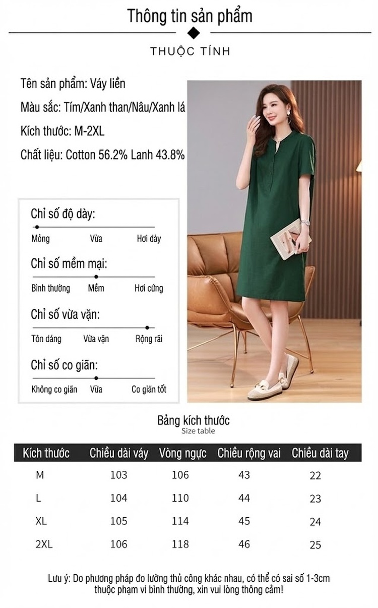 Váy Midi Nữ Cổ chữ V Tay Ngắn Phong Cách Retro Thanh Lịch Cotton Màu Xanh Rêu, Xanh Lá, Tím, Xanh Navy... chi tiết 11