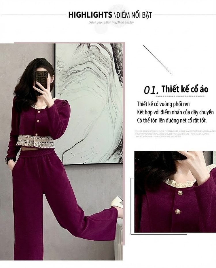 Bộ Áo Khoác Ren và Quần Ống Rộng Nữ Phong Cách Thanh Lịch Màu Đỏ Rượu, Đen chi tiết 4