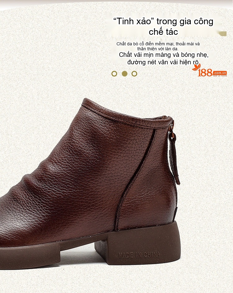 Boot Nữ Cao Cổ Da Bò Đế Bằng Chiều Cao Đế Khoảng 3cm Màu Đen, Nâu chi tiết 3
